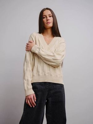 Lilly Chevron V-Neck Sweater - Plaster