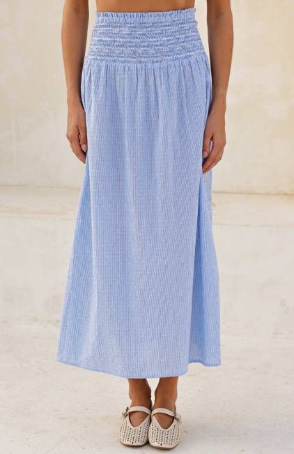 Smocked Organic Cotton Stripe Dobby Skirt | Blue/White