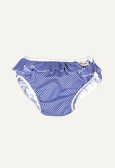 Swim Diaper with side buttons - White/blue stripes frill