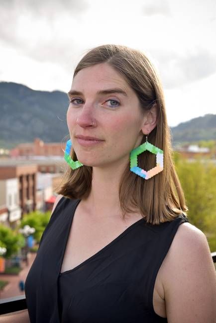 Colorful Hexagon Hoop Earrings - Upcycled Perler Beads by Constance Wilde