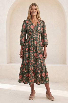 Jyoti Midikleid aus Baumwolle | Khaki/Orange