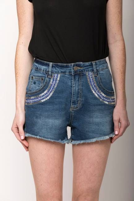 Samantha Beaded Denim Shorts, Indigo/Blue/Silver