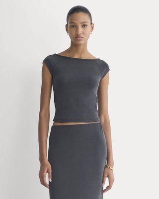 Boatneck Cap-Sleeve Top in Butterknit | Black