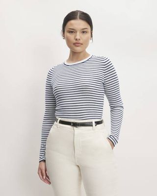 The Long-Sleeve Sweater Tee in Ultrasoft Merino | Bone/Navy