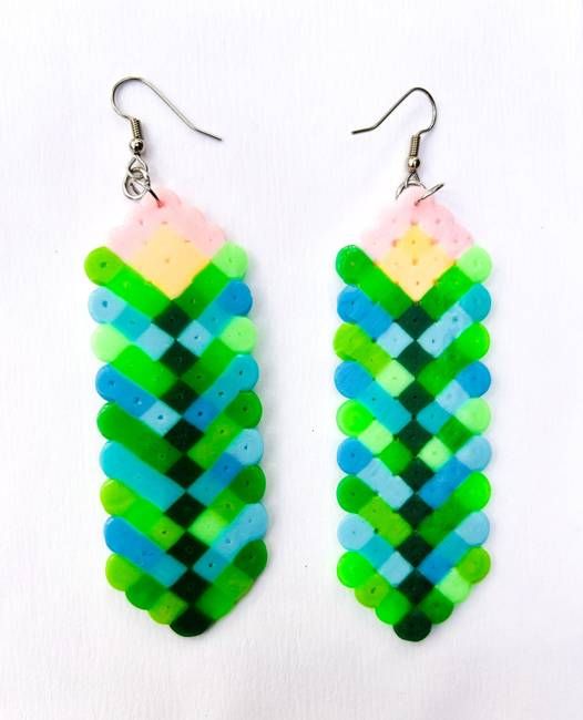 Tropical Chevron Diamond Earrings - Upcycled Perler Beads by Constance Wilde