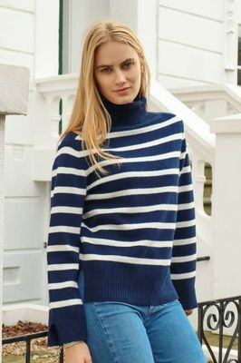 Cashmere Blend Striped Roll Neck Jumper | Navy/Ivory