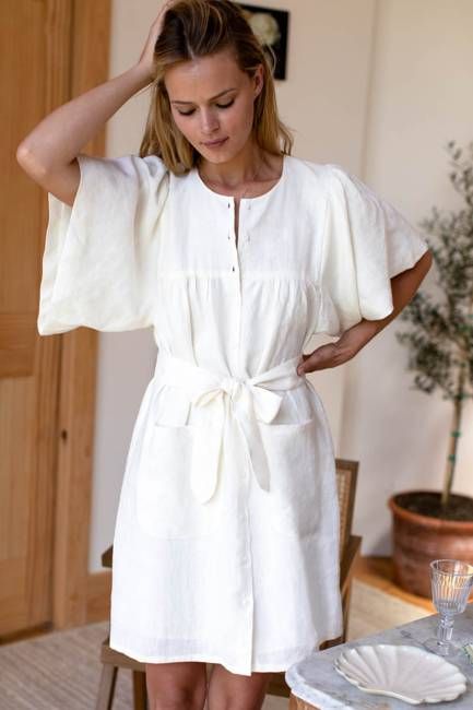 Marion Button Dress - Salt Linen