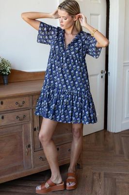 Isla Dress 2 - Pressed Poppies Blue Indigo Organic