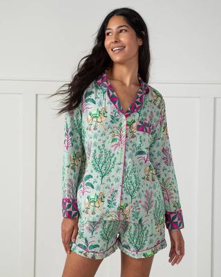 Camel's Courtyard - Eco Satin Long Sleeve Top and Shorts Set - Avocado
