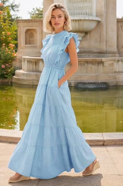 Rose Frill Maxi Dress | Pale Blue