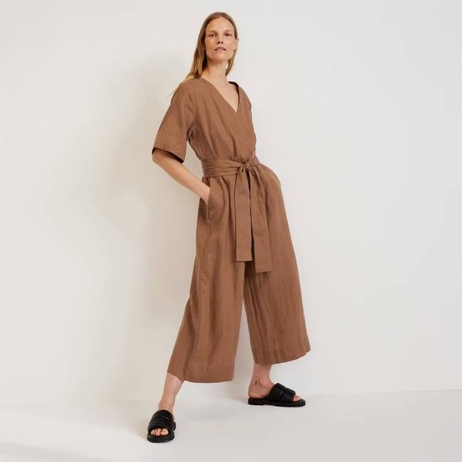 The Wrap Jumpsuit in Linen | Carob Brown