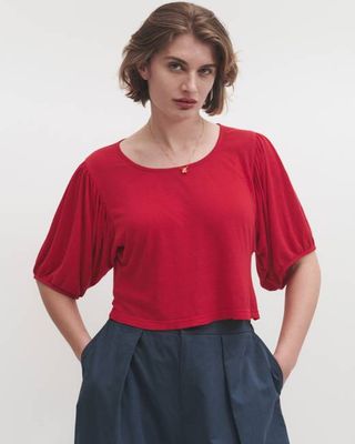 Lowie Red Linen Puff Sleeve T-Shirt