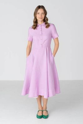 Frida – Short Sleeve Linen Dress with Shirt Collar