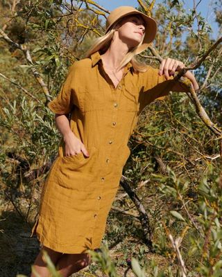 Audrey - Linen Shirt Dress in Golden Yellow