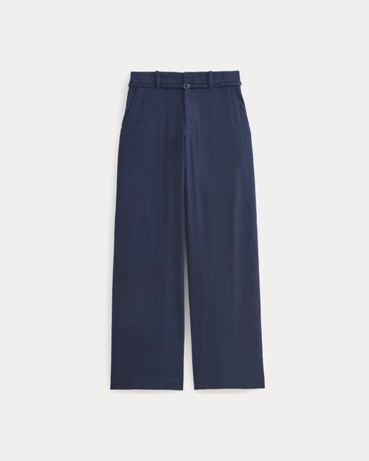 Wide-Leg Belted Pant in Stretch Linen | Navy | Long