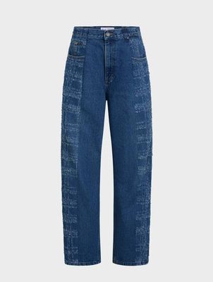 Boyfriend Jean Tartan Etched Mid Blue