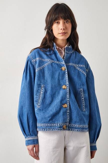 Renia Denim Embroidered Bomber Jacket