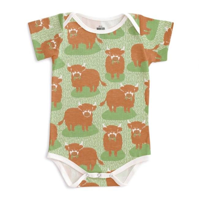 Short Sleeve Snapsuit - Highland Cows Green