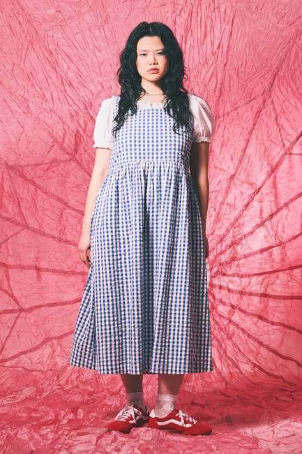 Aimee - Cotton Midi Dress in Blue Gingham