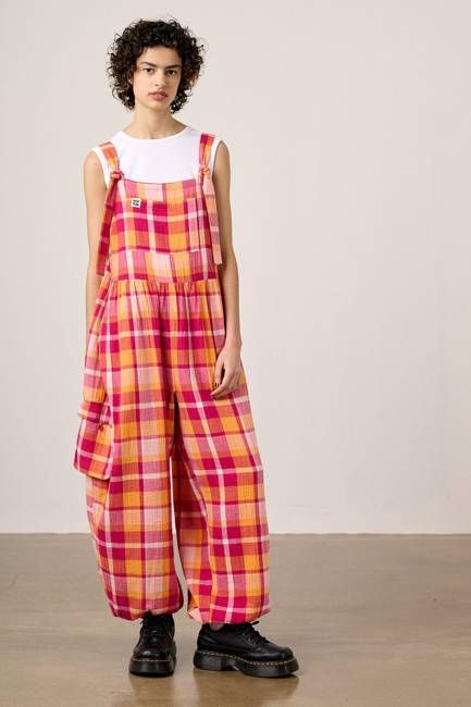 Miyada - Cotton Dungarees in Orange & Pink Check