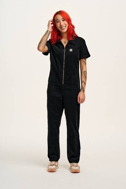 Rex - Short Sleeve Corduroy Jumpsuit in Black