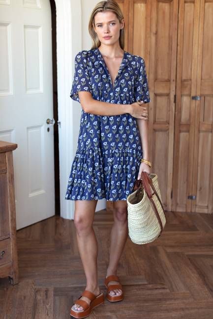 Isla Dress 2 - Pressed Poppies Blue Indigo Organic