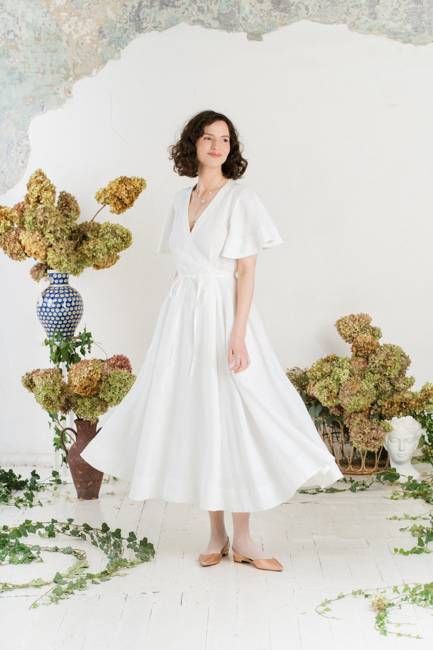 Maxi Wrap Dress, Butterfly Sleeve, White Magnolia