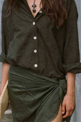 Playa Boyfriend Shirt - Olive Tropical Eyelet
