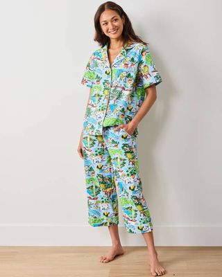 Mediterranean Meow - Short Sleeve Top & Cropped Pants Set - Amalfi Blue