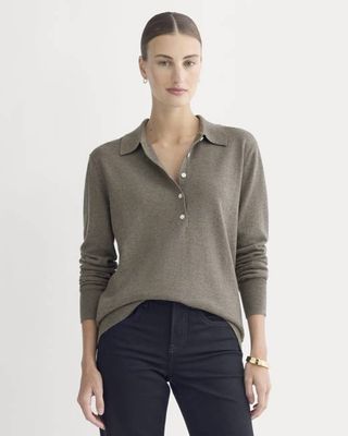 Oversized Polo Sweater in Cotton Merino | Heather Ash Taupe