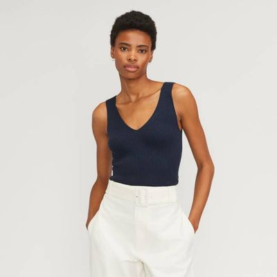 The Ribbed Cotton Double V Top | Navy