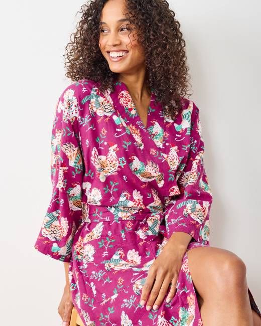 Holiday Hens - Lightweight Flannel Long Robe - Burgundy