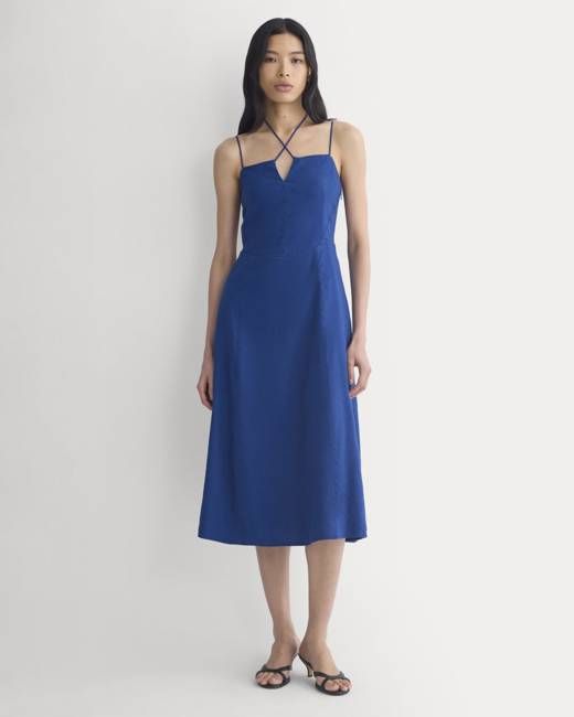 Tie-Neck Dress in Stretch Linen | Estate Blue