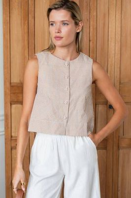 Button Front Wide Hem Top - Cafe Check