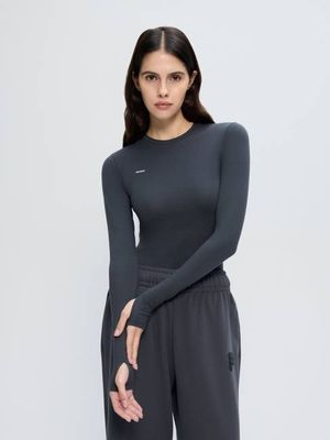 Womens Cotton-Stretch Long-Sleeved Top—Smoked Black