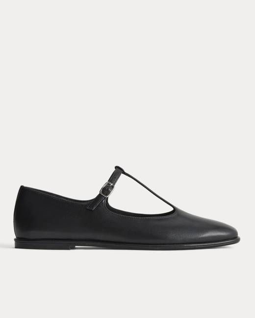 The Leather T-Strap Flat | Black