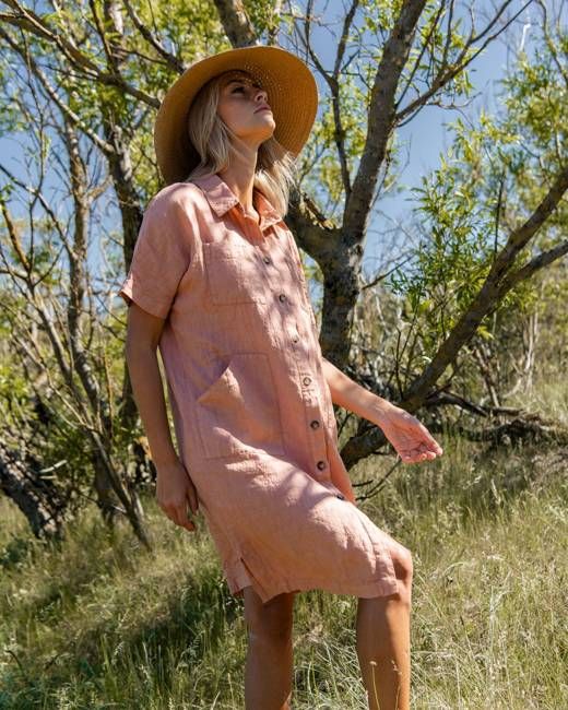 Audrey - Linen Shirt Dress in Dusty Rose