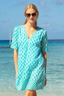 Santorini Cotton Kaftan | White/Sea Green