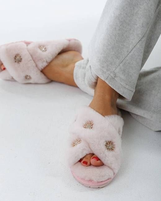Light Pink - Sheepskin Slippers with Rhinestone - Limlim