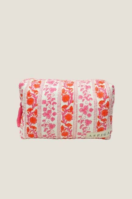 Medium Block Print Wash Bag | Linear Botanical Orange/Pink