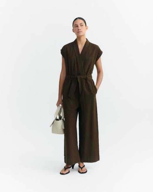 Brown seersucker jumpsuit with Malawi tie