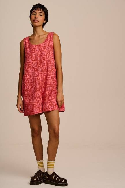Zadie - Cotton Playsuit in Pink & Red Lunar Checkerboard