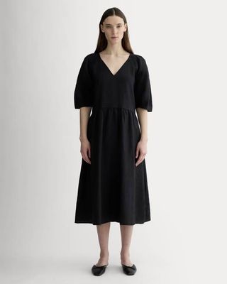 The Linen Oversized Puff-Sleeve Dress | Black