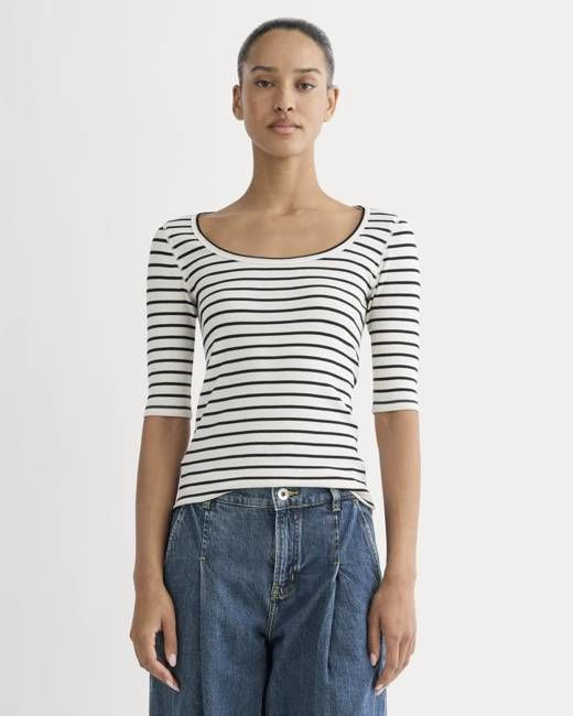 The Luxe Rib Scoop-Neck Tee | Bone / Black