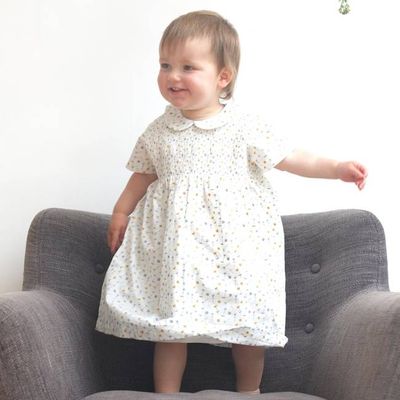 Smock Peter Pan Collar Dress - Flowers, White