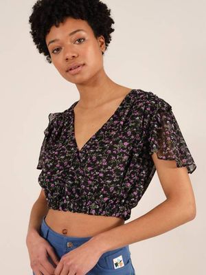 Wildflower Surplice Crop Top, Upcycled Polyester, in Black Flower Print