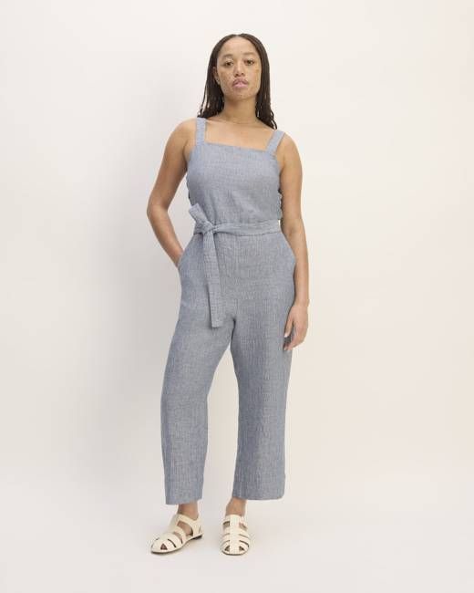 The Linen Side-Button Jumpsuit | White / Blue