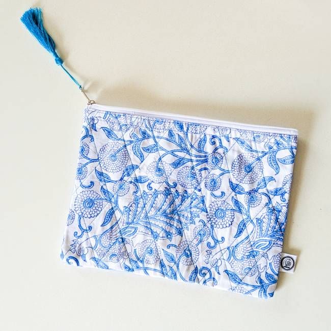 Quilted Block-Printed Zipper Pouch with Tassel