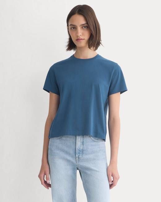 Everlane The Box-Cut Tee in Essential Cotton — Blue Wing Teal — No Pocket