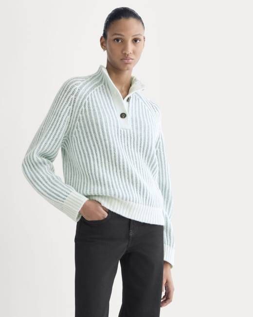 Funnel-Neck Ribbed Henley Sweater | Chalk Blue / Grey Mist Vertical Stripe